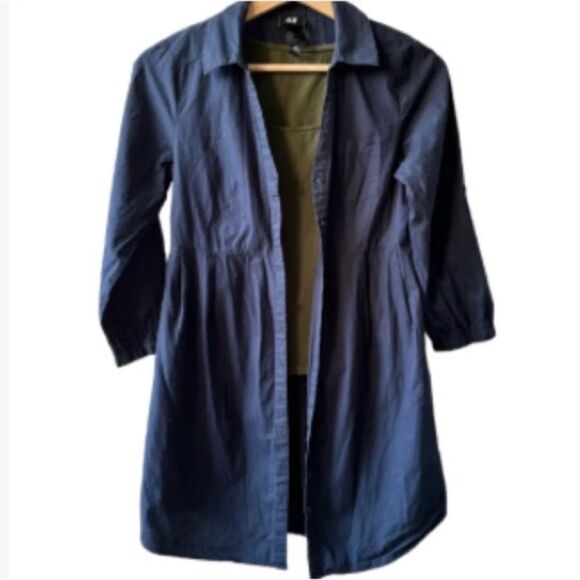 H&M blue shirt dress tunic size 2 front button lightweight long shirt v-neck - Picture 2 of 3